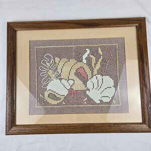 Handmade Seashell Themed Net Darning Lace Needlecraft Framed Glass Front Vintage